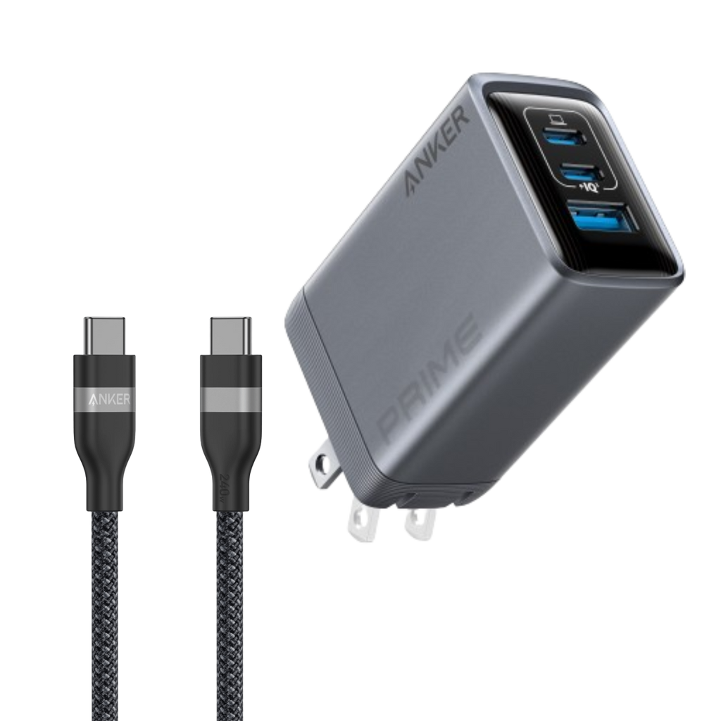 Anker Prime Charger (100W, 3 Ports, GaN) and Anker USB-C to USB-C Cable (3 ft / 6 ft, 240W, Upcycled-Braided)