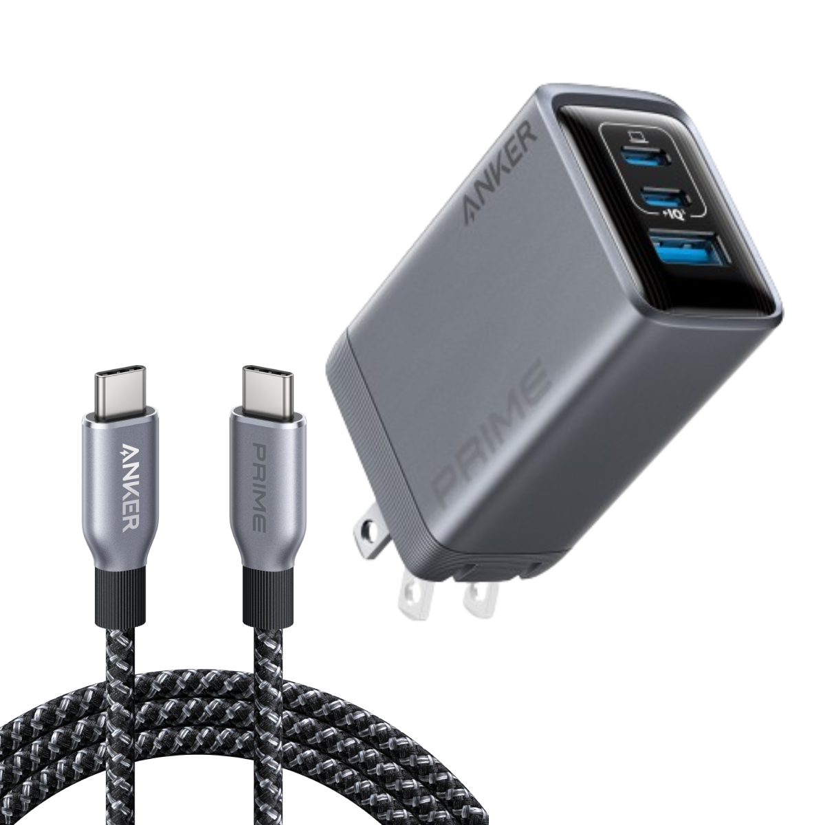 Anker Prime Charger (100W, 3 Ports, GaN) and Anker Prime USB-C to USB-C Cable (240W, Upcycled-Braided)