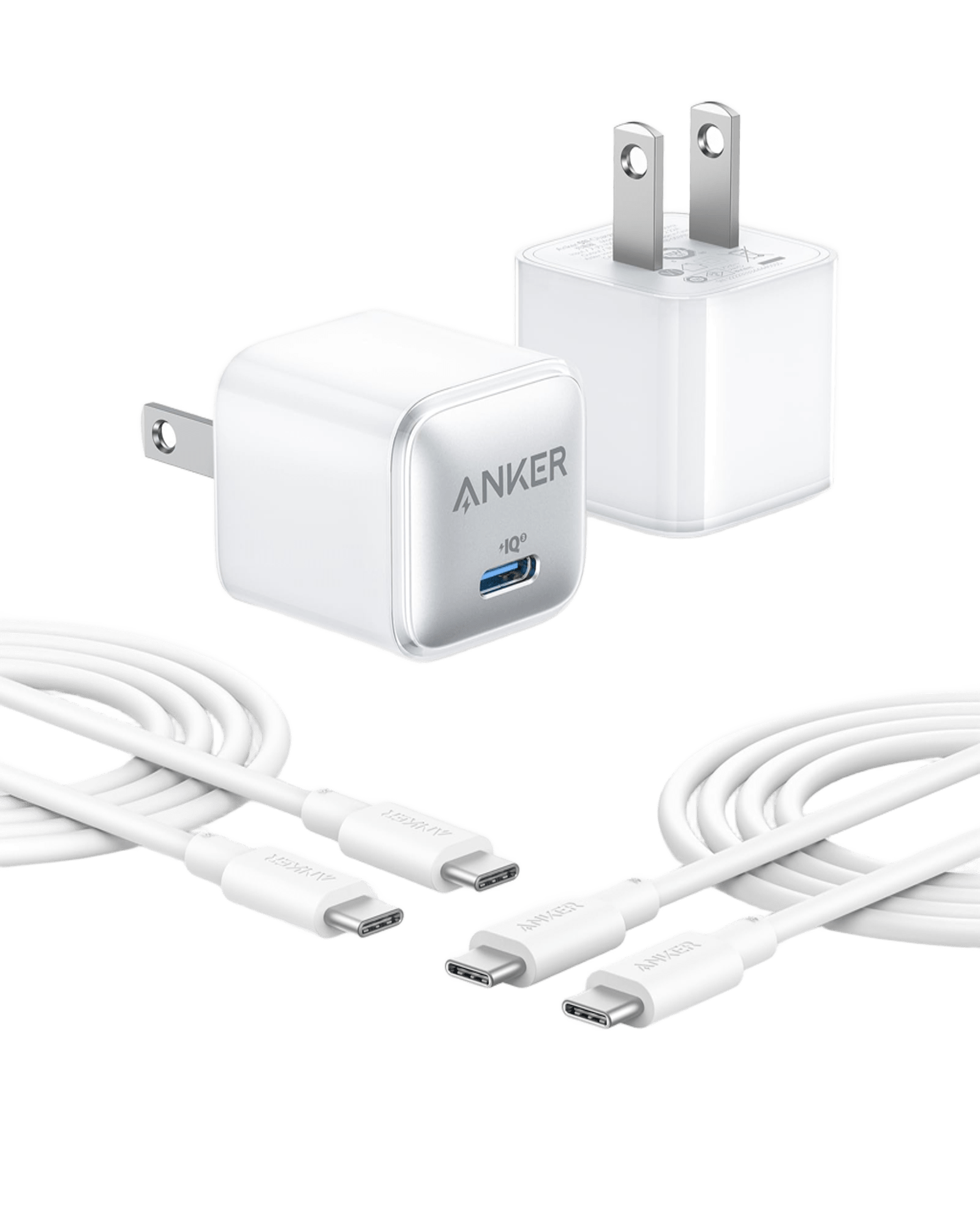 Anker with white USB-C cables and compact charging adapter