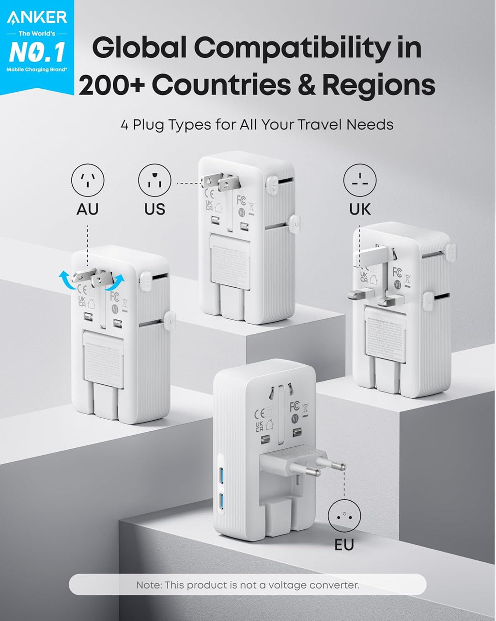 Anker Nano Travel Adapter (5-in-1, 20W, 1-Pack) and Anker Nano Charger (45W) with USB-C to USB-C Cable