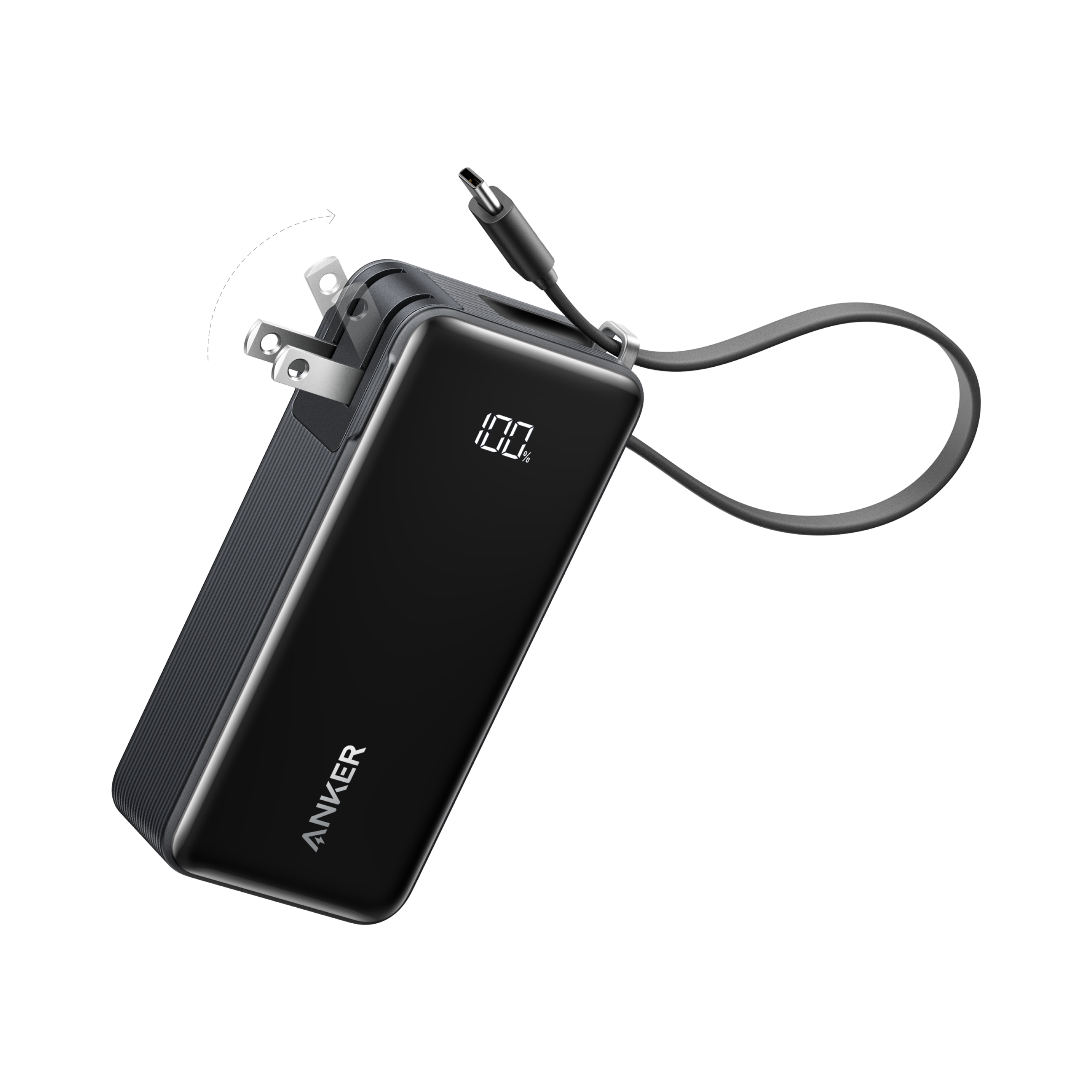 Anker power bank with foldable plug and display for charging.
