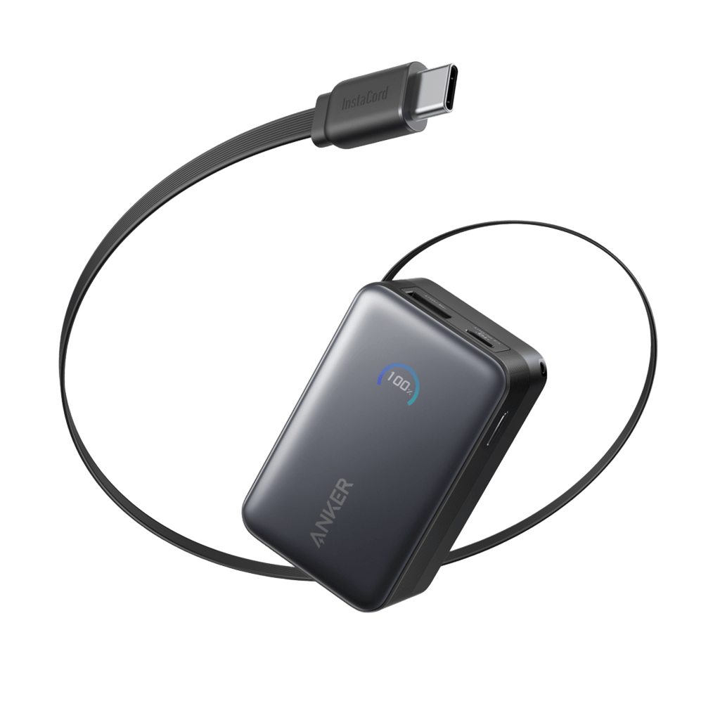 Anker power bank with InstaCord and clear 100% display for easy use.