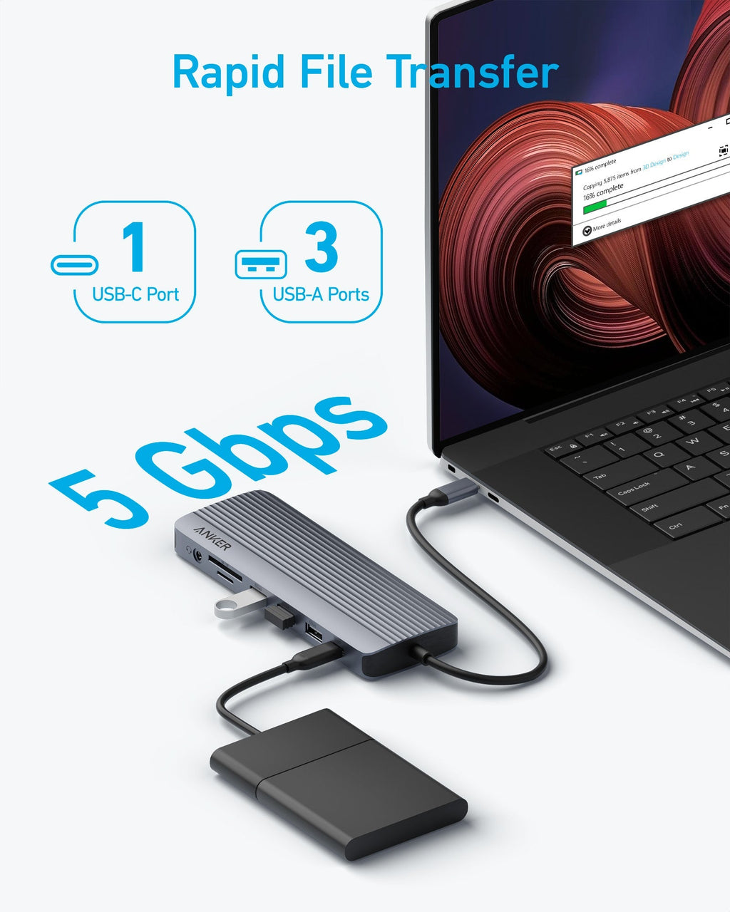 Anker rapid file transfer with USB hub for 5Gbps speed.