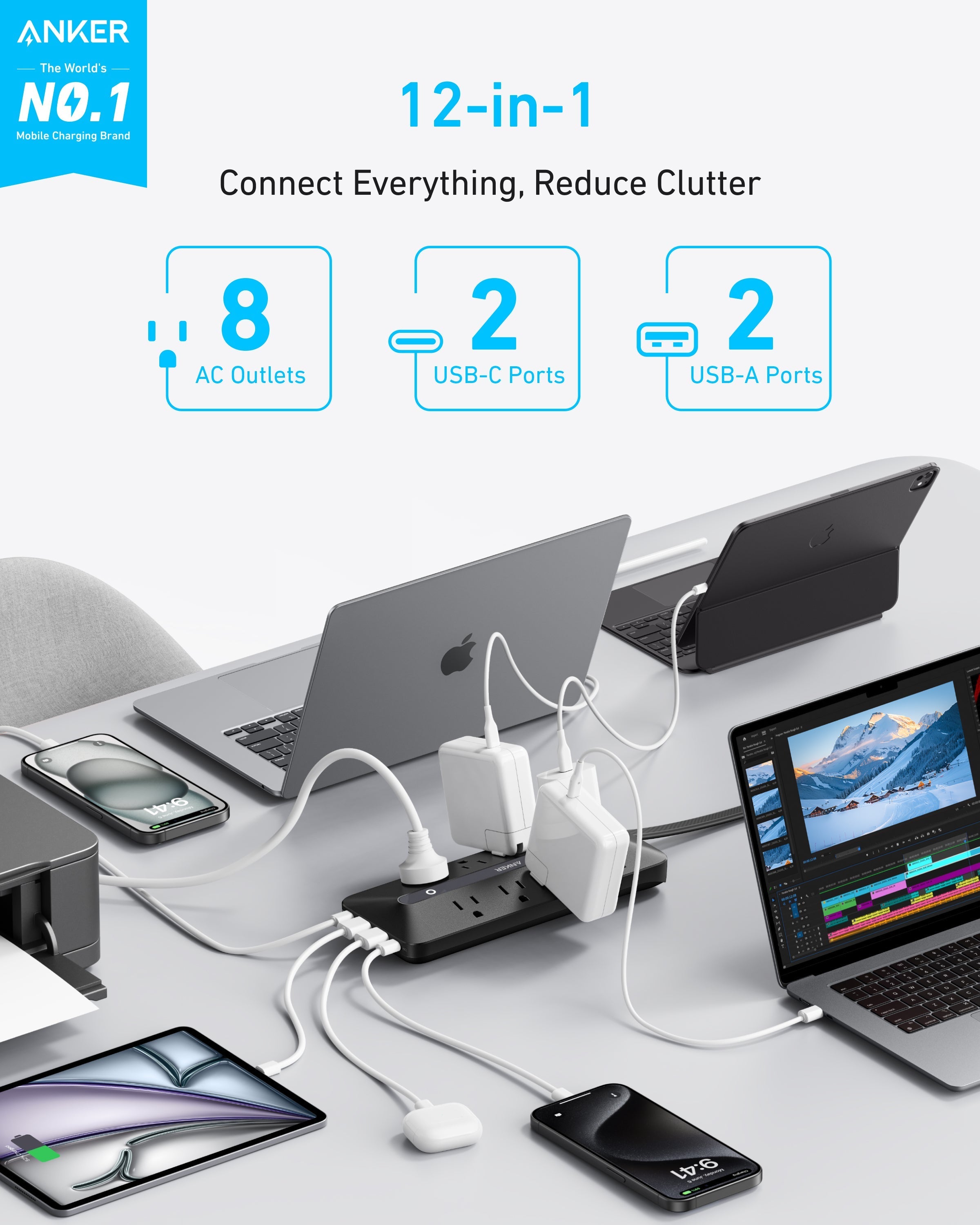 Anker 12-in-1 power strip with laptop and devices connected