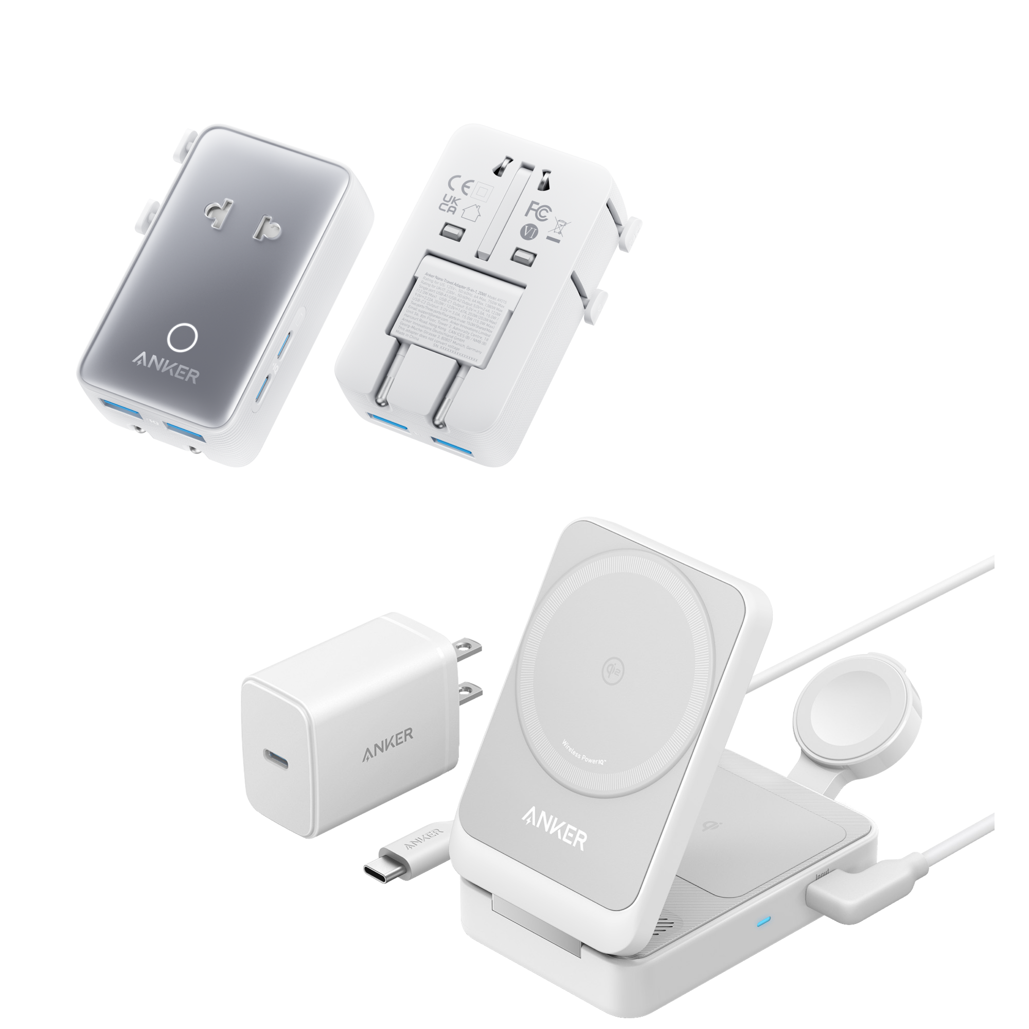 Anker MagGo Wireless Charging Station (Foldable 3-in-1) and Anker Nano Travel Adapter (5-in-1, 20W, 1-Pack)