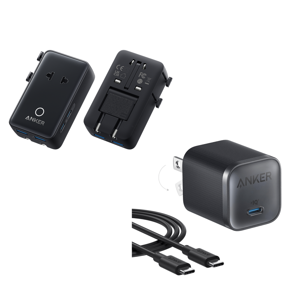 Anker Nano Travel Adapter (5-in-1, 20W, 1-Pack) and Anker Nano Charger (45W) with USB-C to USB-C Cable
