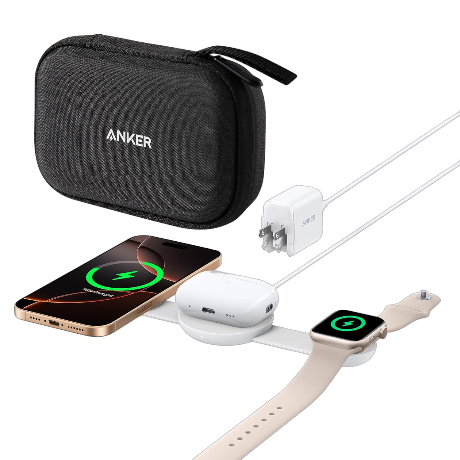Anker MagGo Wireless Charging Station (3-in-1, Foldable Pad, Aurora White, with Travel Case & Adapter)
